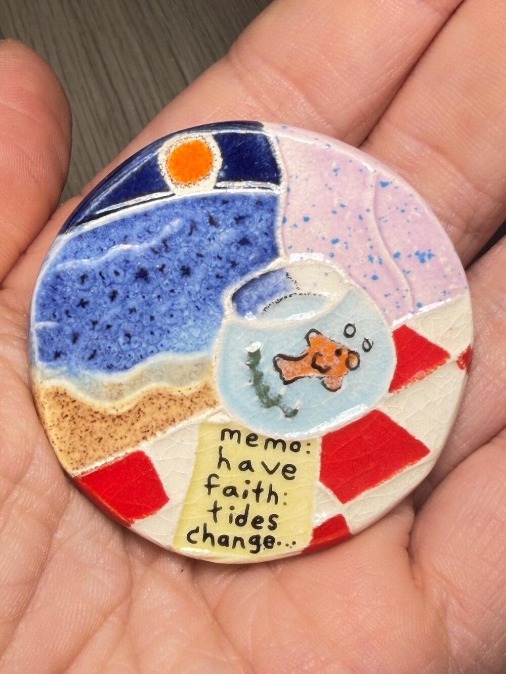Handmade Ceramic Beach Scene Brooch Signed Irene 1993 Vintage 2 inches